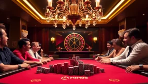 Engaging poker players at an MM88 casino table under glamorous lighting, showcasing the excitement of gambling.