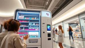 Nail vending machine featuring colorful nail polish and press-on nails in a modern mall.