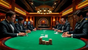 KJC players engaging in a high-stakes poker game under dramatic lighting, surrounded by casino elements.