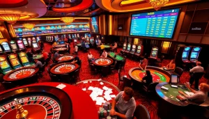 SODO66 casino scene filled with excited gamblers at poker tables and slot machines.