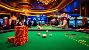 Exciting casino scene at 68VIP with poker chips, immersive gaming tables, and vibrant ambiance.