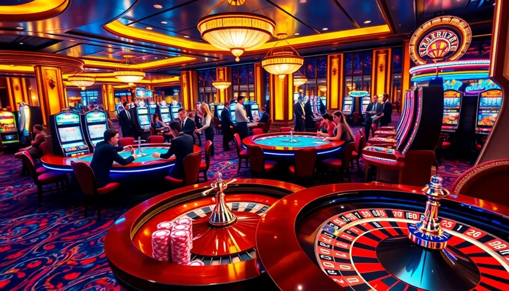 SODO casino experience with vibrant gaming tables, roulette wheel, and engaged players.