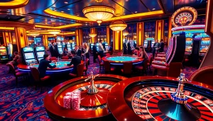SODO casino experience with vibrant gaming tables, roulette wheel, and engaged players.