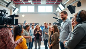 Engaging video production Calgary team collaborating on creative projects in a dynamic studio setting.