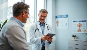 東京の包茎手術相談、現代的な医療オフィスで専門医と患者の対話が行われる様子