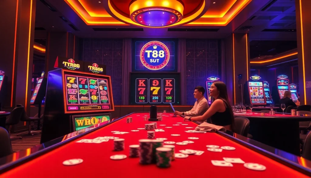 Engage with tr88 at a vibrant casino table featuring immersive slot machines and players enjoying games.
