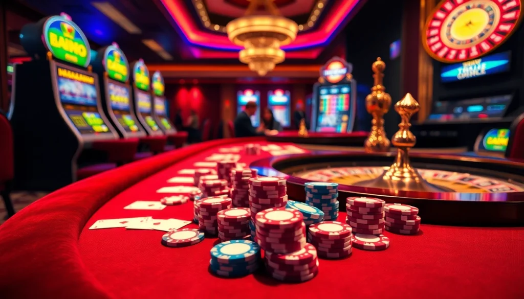 Gamble with excitement at https://thabet.vegas/ featuring vibrant poker chips and captivating slot machines.