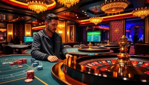 Player in Essentials Tracksuit enjoying high-stakes action at a vibrant casino table
