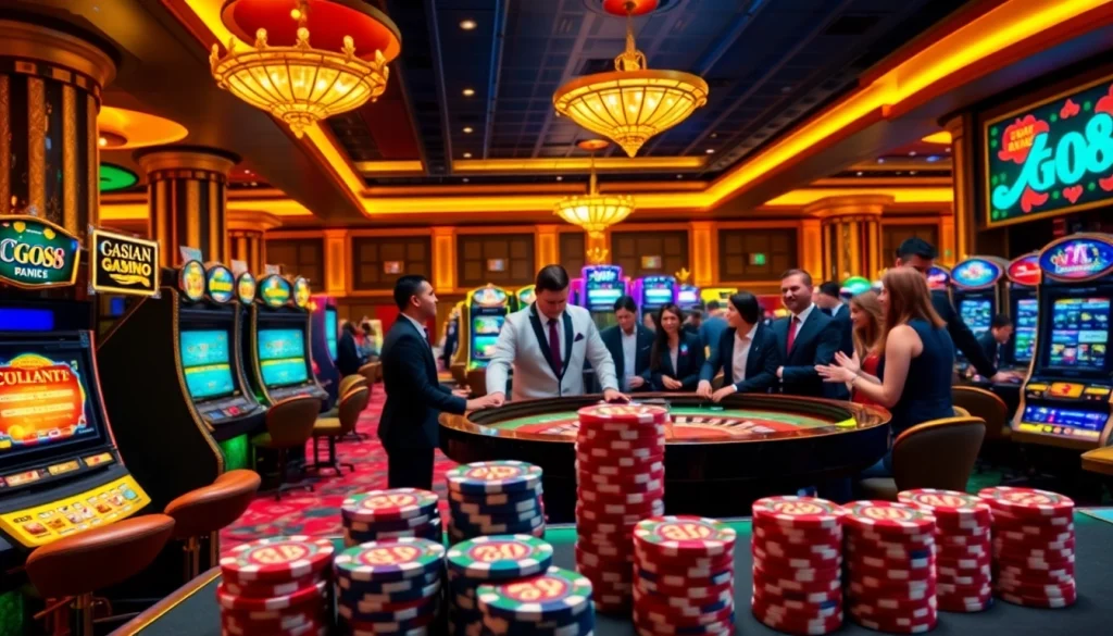 GO88 players enjoying thrilling casino games with lively atmosphere and vibrant slot machines.