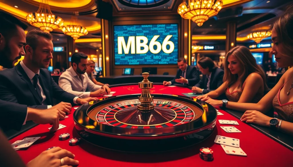Players engage at a roulette table in a luxurious casino, highlighting MB66 for the ultimate betting experience.