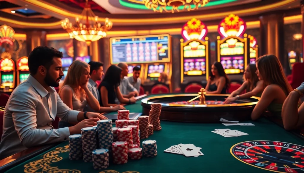 Engaging players in a vibrant casino setting exploring Credit online options with digital interface and slot machines.