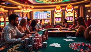 Engaging players in a vibrant casino setting exploring Credit online options with digital interface and slot machines.