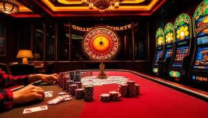 Players enjoying a thrilling poker game at PG99, with vibrant chips and a spinning roulette wheel.