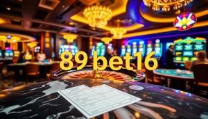 Experience the thrill of gambling at 89bet16 with vibrant casino tables and excited players.