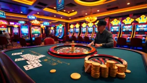 Experience the excitement of LC88 at a virtual casino table with vibrant slot machines and poker chips.