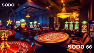 Experience the thrill of SODO66 in a luxurious casino setup filled with roulette wheels and poker tables.