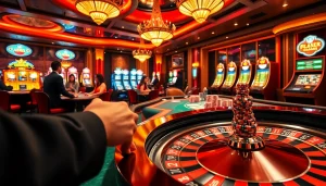 Experience the thrill of gambling at rikvip nhà cái with players enjoying poker, roulette, and vibrant casino slots.