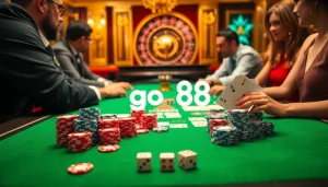 Players enjoying a thrilling poker game at the casino, featuring go 88 chips and cards.