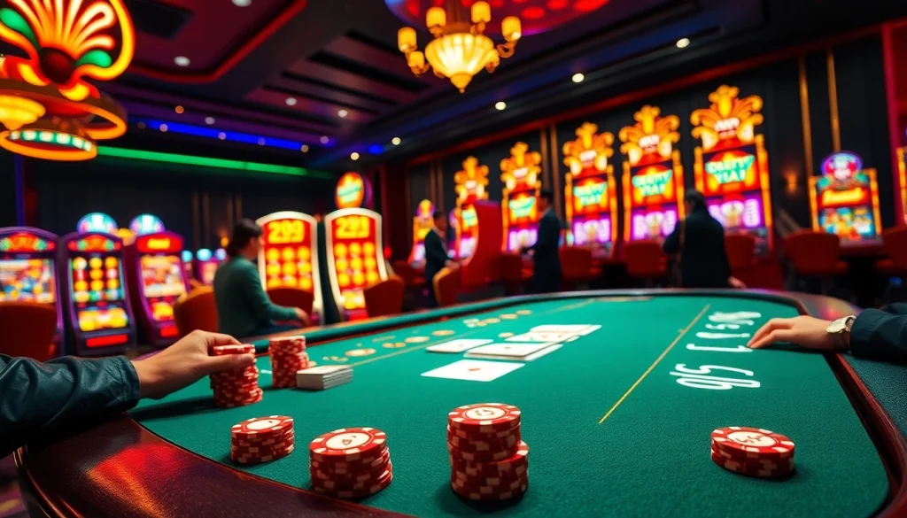Experience quay hũ excitement at a luxurious casino with vibrant slot machines and engaging gaming tables.