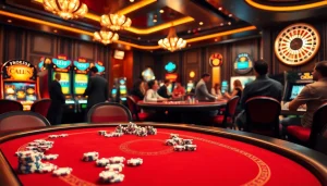 High-stakes poker action at https://ok365vvip.com/ featuring vibrant casino atmosphere and luxurious design.