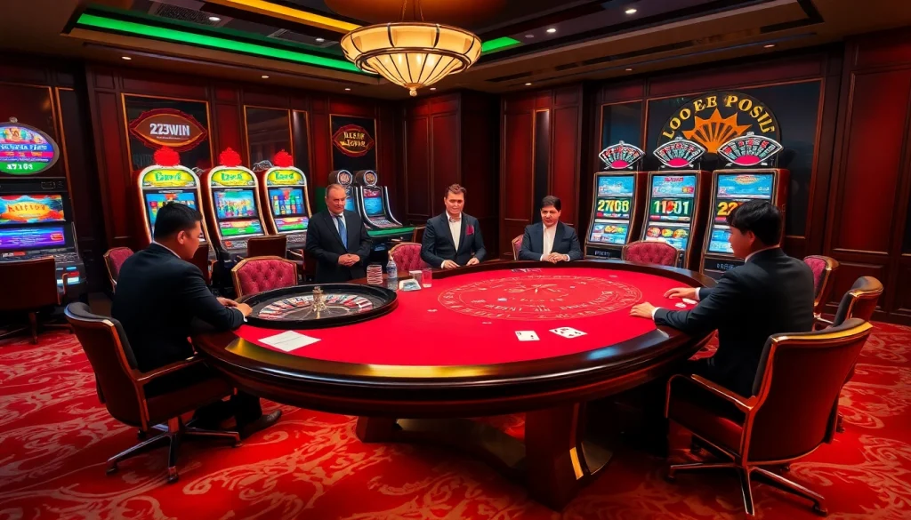 Experience thrilling gameplay at 23win. com with poker chips and cards on a luxurious casino table.