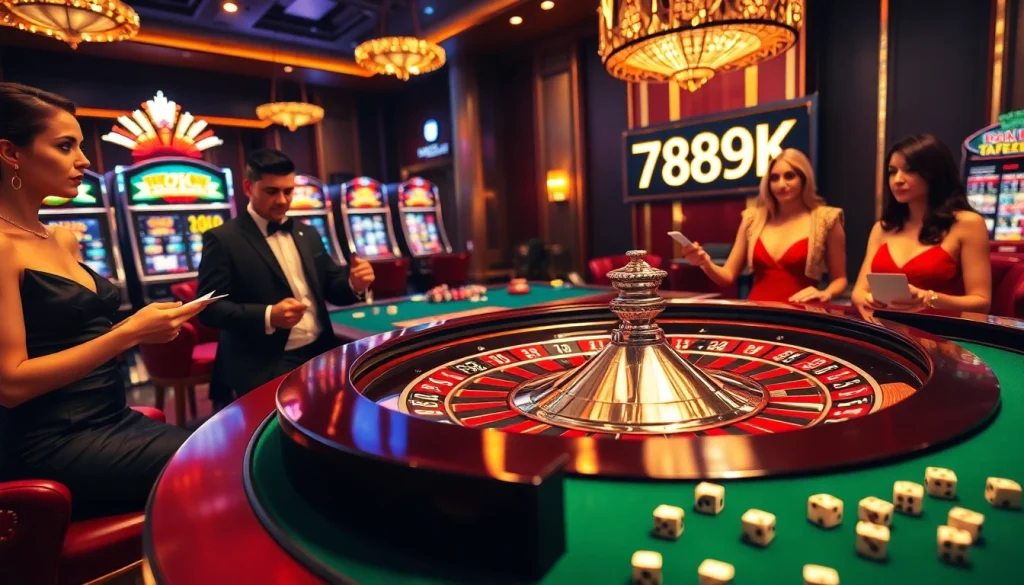 Experience the thrill of gambling with 789K in a luxurious casino setting featuring roulette and slot machines.