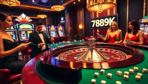 Experience the thrill of gambling with 789K in a luxurious casino setting featuring roulette and slot machines.