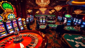 Casinos buzzing with energy, showcasing 99win gaming excitement with vibrant slot machines and roulette.