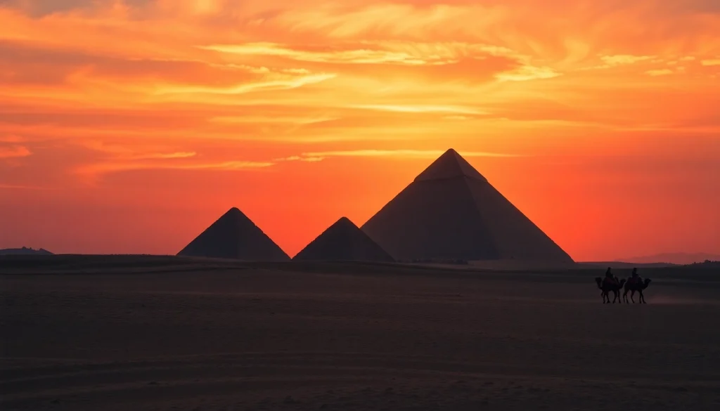 Capture the pyraminds at Giza during sunset, highlighting their rich textures and serene atmosphere.