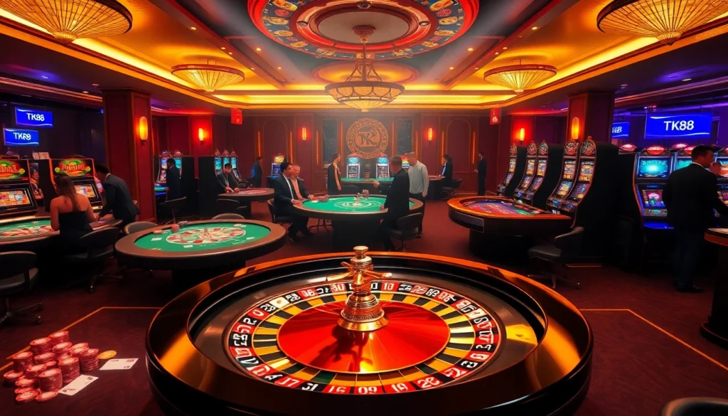 Experience the thrill of high-stakes gaming at TK88 casino, featuring roulette, poker, and vibrant slot machines.