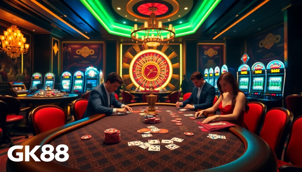 Exciting casino scene highlighting GK88 with poker players, roulette wheel, and vibrant slot machines.