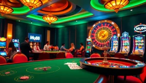 Mu88 casino scene showcasing engaging players at a luxurious poker table.