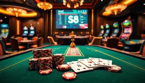 Engaging gambling scene with S8-themed poker chips and cards on a luxurious table.