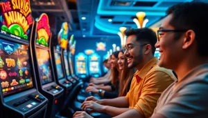 LAGAGAME77 gaming scene with excited players enjoying online slot games atmosphere.