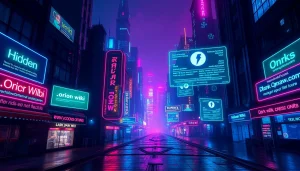 The Hidden Wiki depicted in a captivating cyberpunk landscape, showcasing dark web links amidst neon-lit buildings.