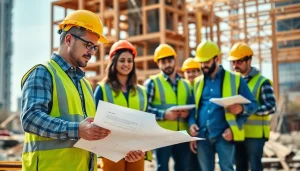 Engaged workers in careers in construction reviewing blueprints on a bustling job site.