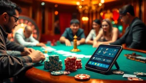 FB88 gamblers engage in a thrilling poker game surrounded by vibrant casino elements and a smart device interface.