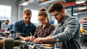 Students learning at trade schools in southern California in a bright and engaging environment.