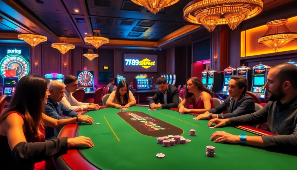 Engaging poker game at https://789p.direct/ showcasing professional gamblers and vibrant casino atmosphere.