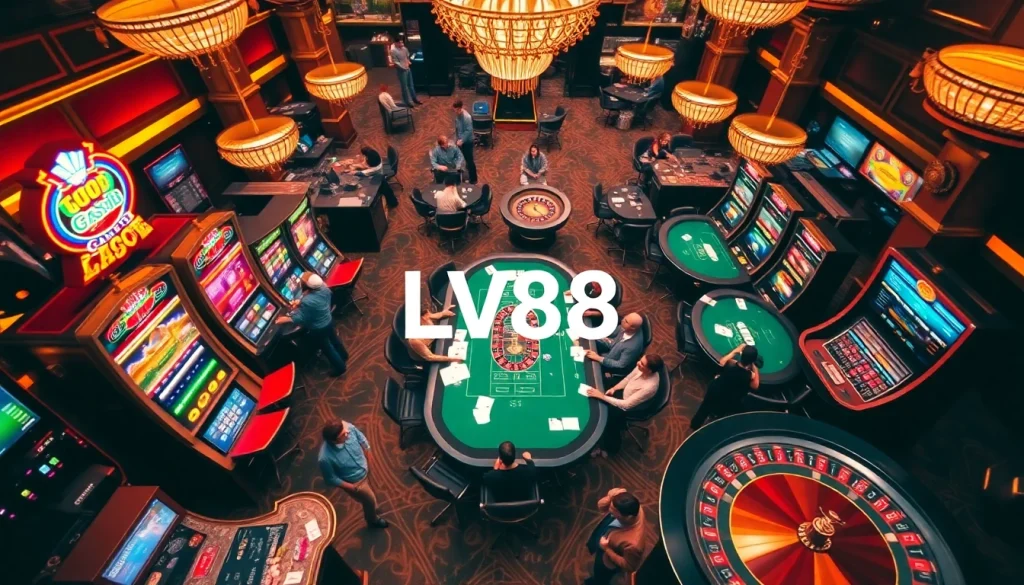 Experience the thrill of winning at LV88 casino with vibrant gaming tables and excited players.