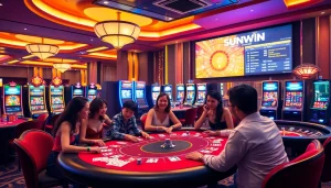 SUNWIN casino players strategizing their next moves at an upscale poker table.