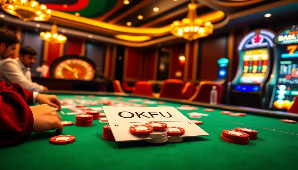 Experience the excitement of OKFUN with vibrant casino action featuring cards and chips.