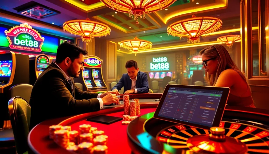 Experience the vibrant atmosphere of Bet88 with a dynamic casino scene featuring poker chips and roulette wheels.