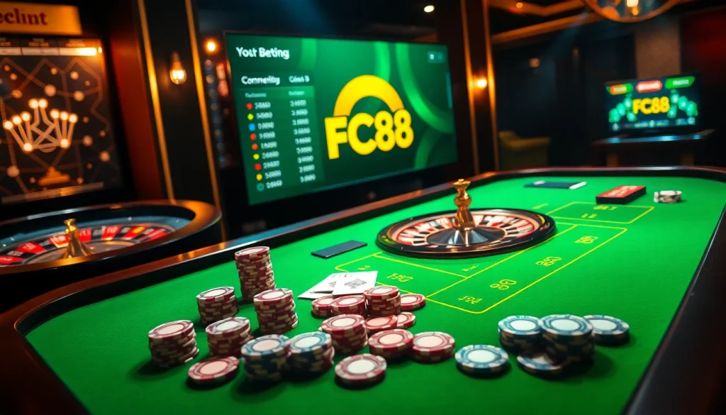 FC88 bets at a luxurious casino table with exciting games and vibrant poker chips.