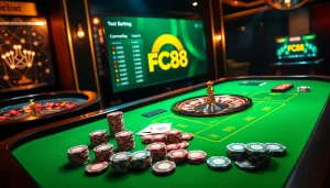 FC88 bets at a luxurious casino table with exciting games and vibrant poker chips.