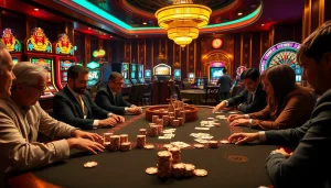 Players betting at an exciting casino table scene featuring https://gamenohu99.com/ poker chips and roulette.