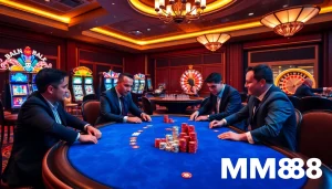 MM88 players enjoying a thrilling poker game at a luxurious casino table with vibrant slot machines in view.
