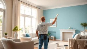 Painters transforming a living room with fresh blue paint, showcasing professionalism in interior painting companies.