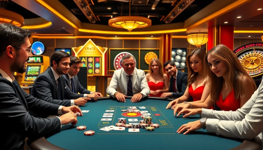 Players enjoying a dynamic game at a luxury casino table promoting vsbet gaming adventures.