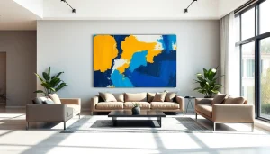 Enhance your space with a vibrant, abstract large wall art piece in a modern living room setting.
